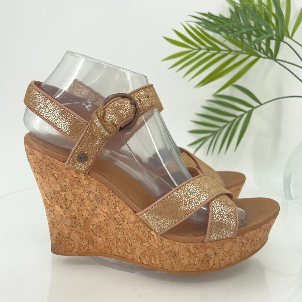 UGG Womens Size 8.5 Jazmine Wedge Metallic Gold Cork Sandals Shoes Platform - Picture 3 of 15